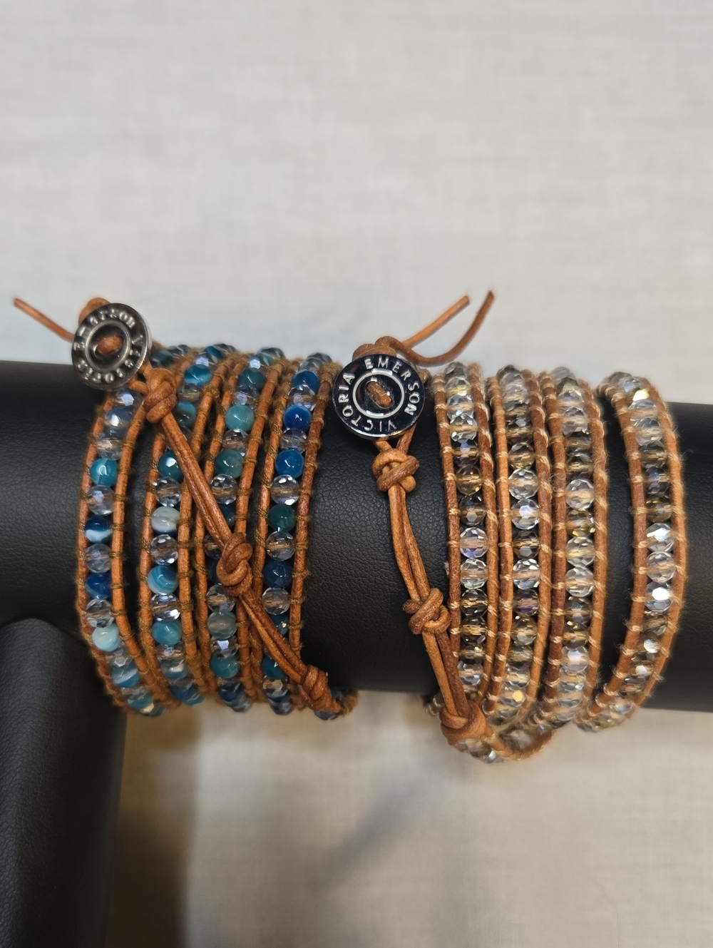 Victoria Emerson Blue and Gold Beaded Leather Wrap Bracelets (2)